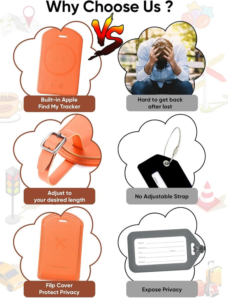LifeChé Luggage Tags Built-in Anti-Loss Tracker, Luxury Leather Luggage Tags for Suitcase, Travel Bags, Backpacks, Travel Organizer for Lost Baggage Prevention (Orange*2 Pack) - Image 5